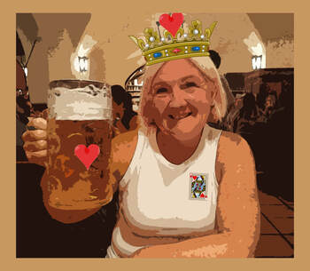 The Queen of Hearts raises a glass of beer.
